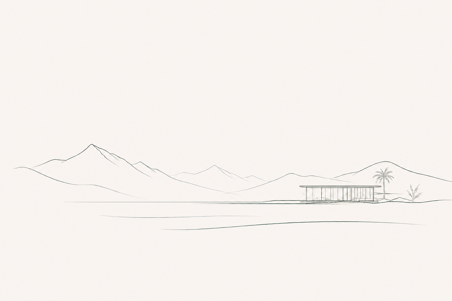 Fine-line landscape of mountains, water, a modern glass dwelling, and a slender palm