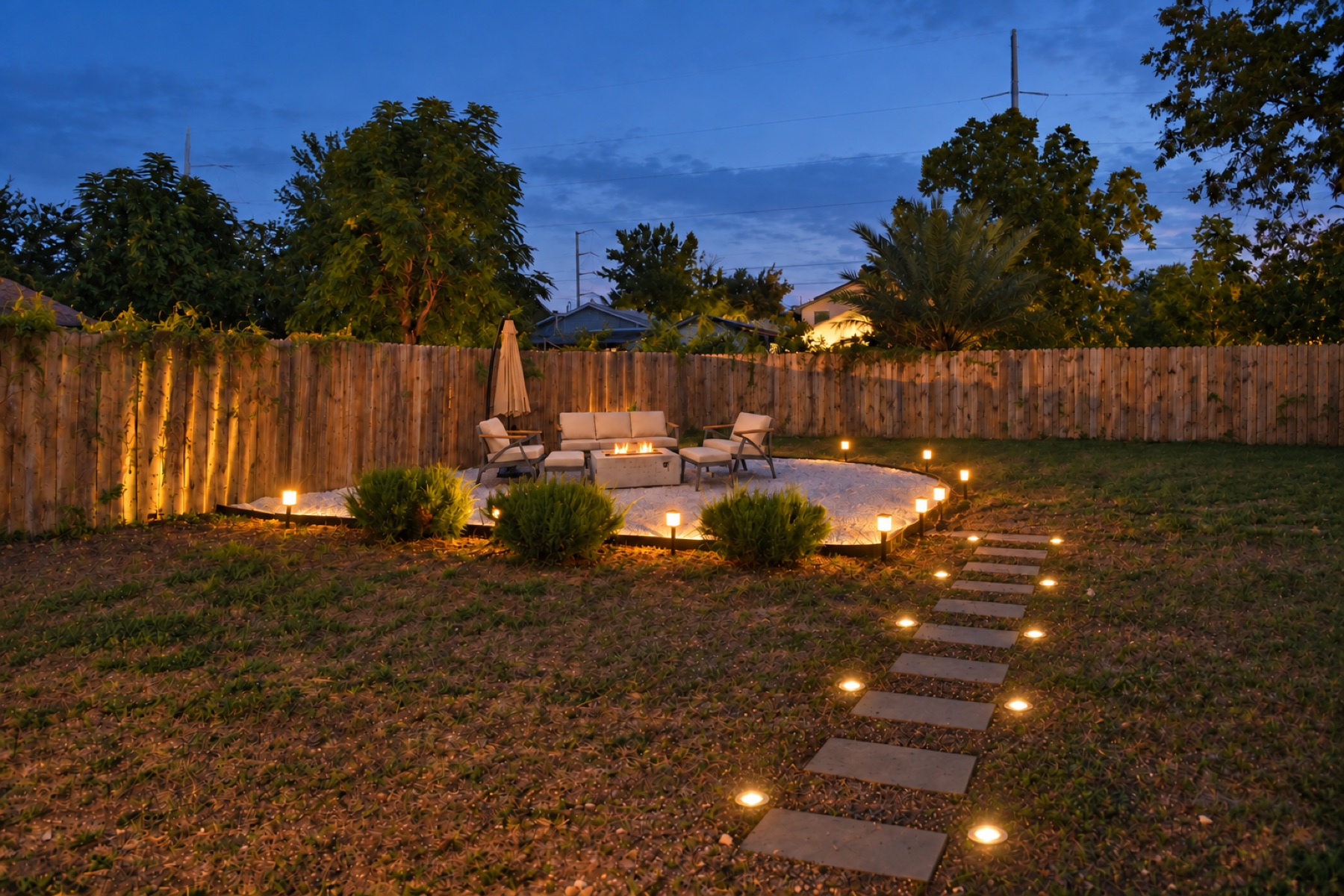 Illuminated private backyard and fire pit at Oasis at the Alamo