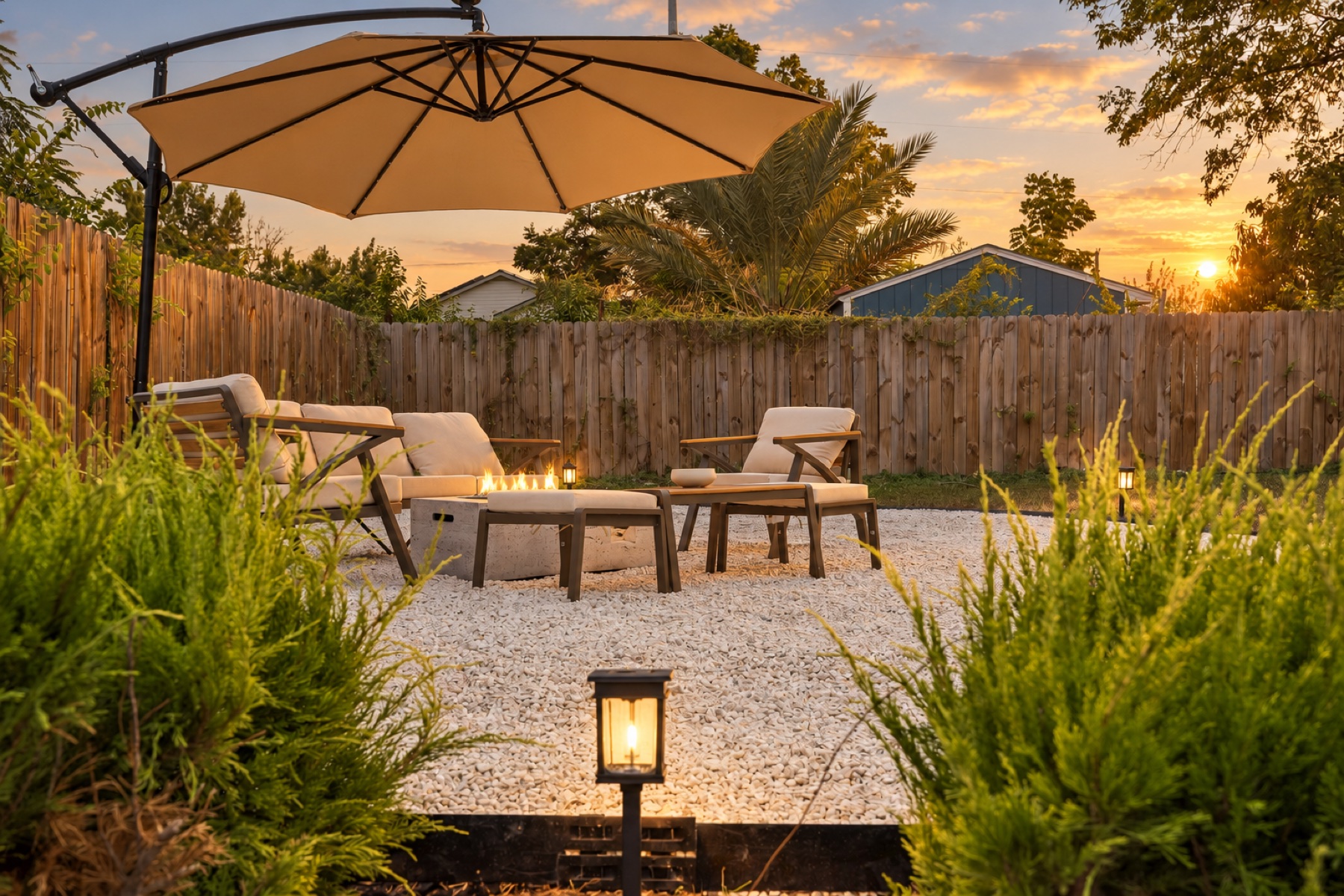 Backyard fire-pit lounge framed by greenery at golden hour